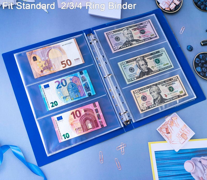 WITHYU 30 Pack 180 Pockets 11 Hole Currency Collection Sleeves, Cash Collecting Album Refill Page, Double Side 3 Pockets Currency Sheets for Collecting Dollar Bills, Paper Money, Foreign Currency and Coupons - Image 2